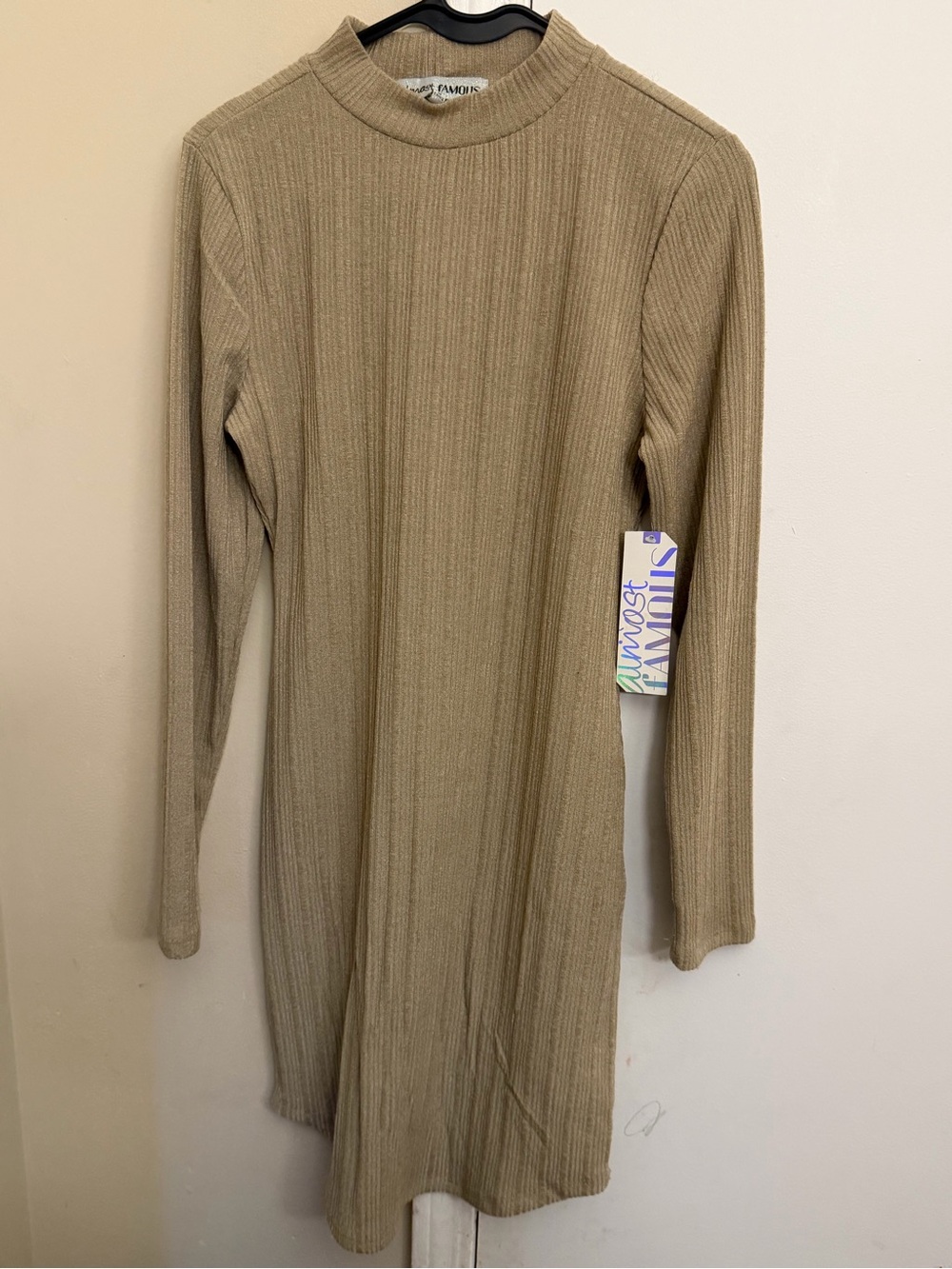 Almost Famous Ribbed Cowl Neck Sweater Dress - Tan